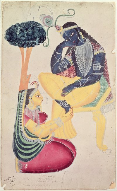 The God Krishna with his mortal love, Radha by Indian School